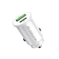 Dual USB port car charger with bare metal housing in black or white finish for 12V vehicle socket charging