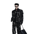Men's heavyweight washed graffiti denim jacket in American high street style with zip fly closure