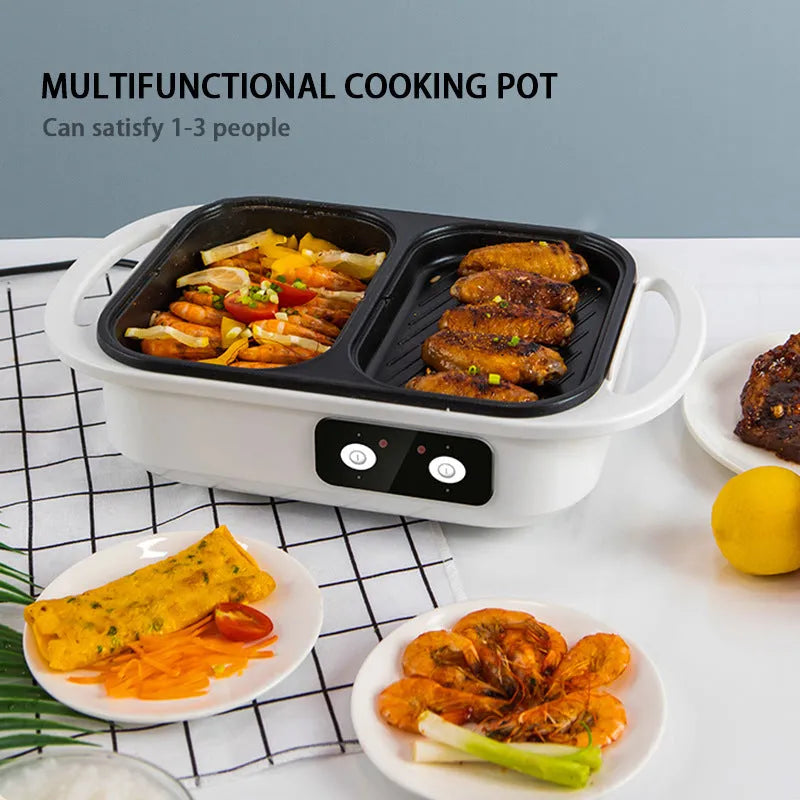 White and green dual-function electric caldron and frying oven appliance with mechanical controls