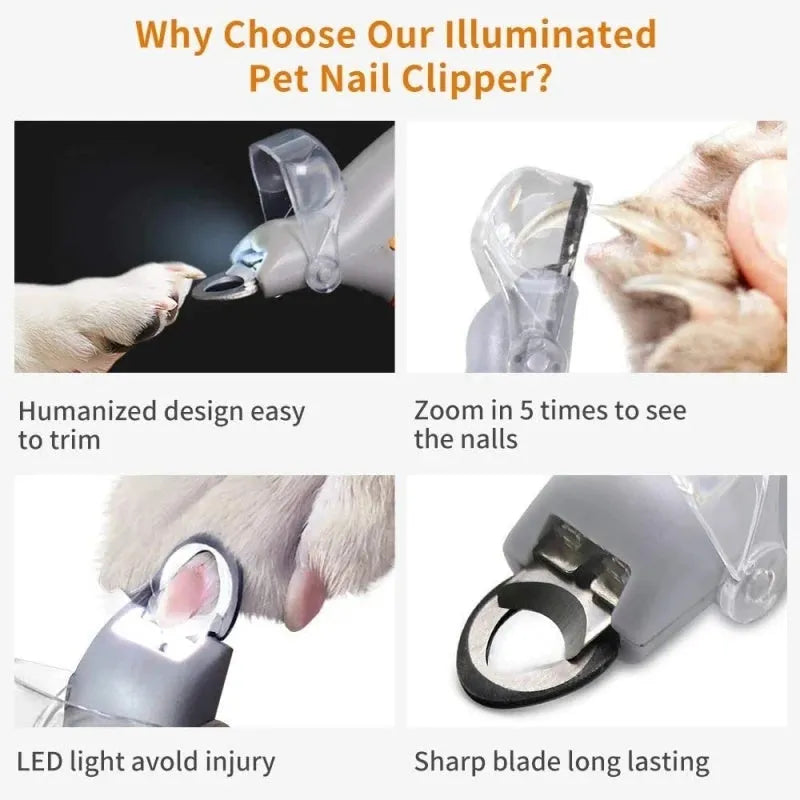 Yellow pet nail clipper with LED light and magnifiable cutting head for dog and cat grooming