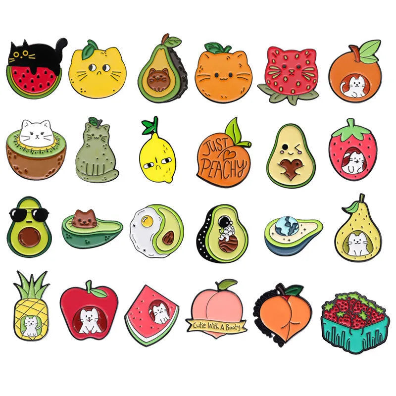 Colourful cartoon fruit design metal brooch with letters on a zinc alloy pin.