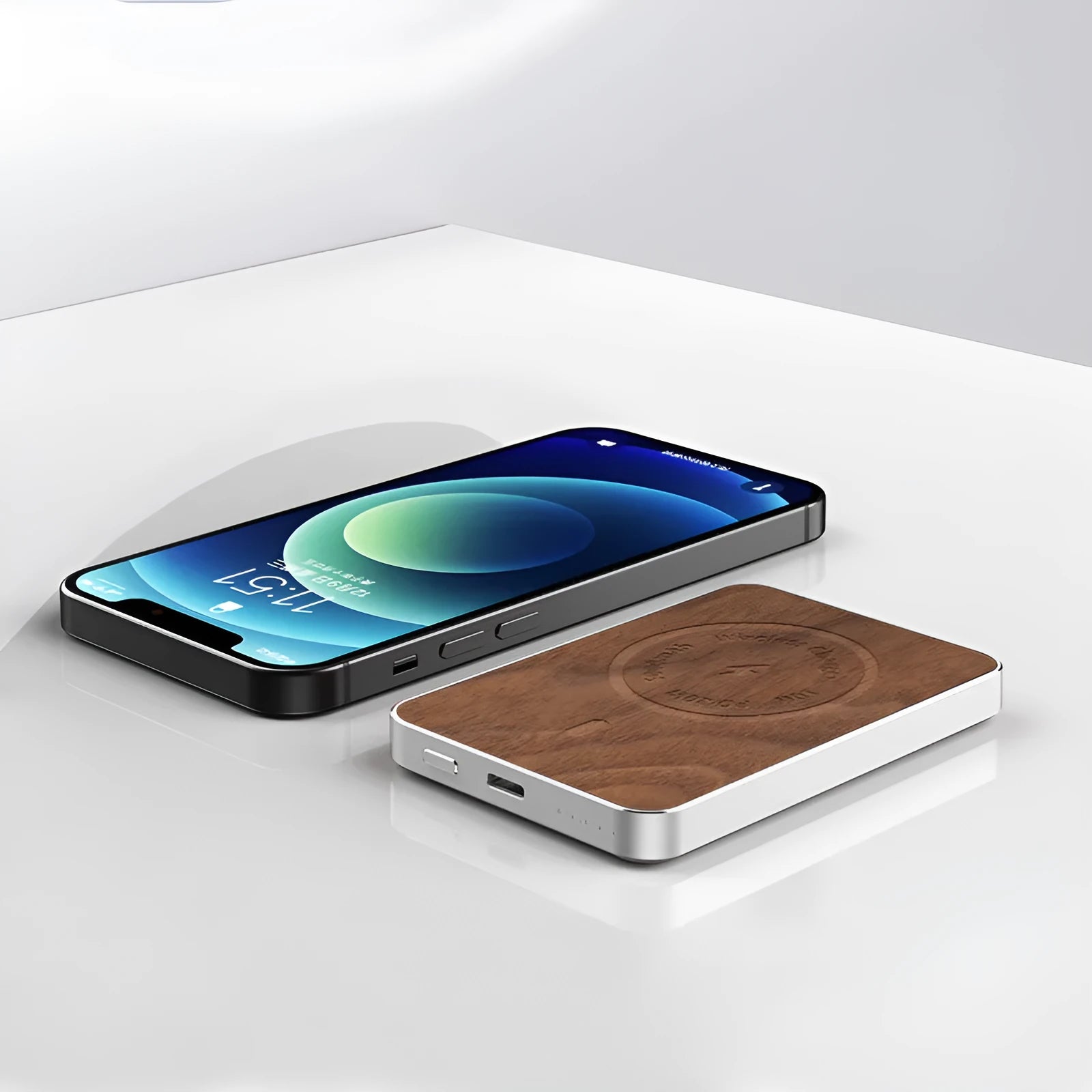 Khaki alloy magnetic wireless charging bank showing compact rectangular design with USB port
