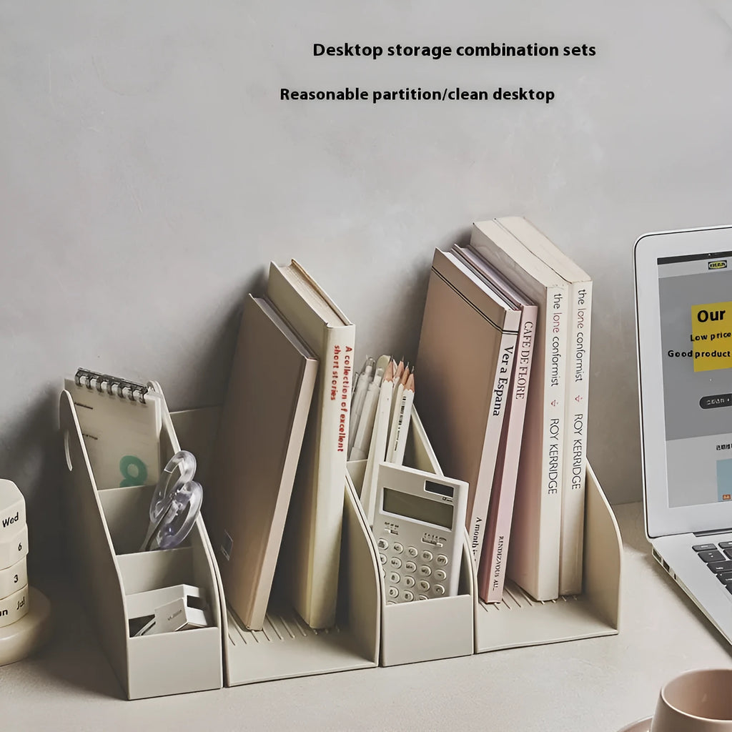 Plastic desktop stationery organiser with two-layer grid storage in milk coffee colour