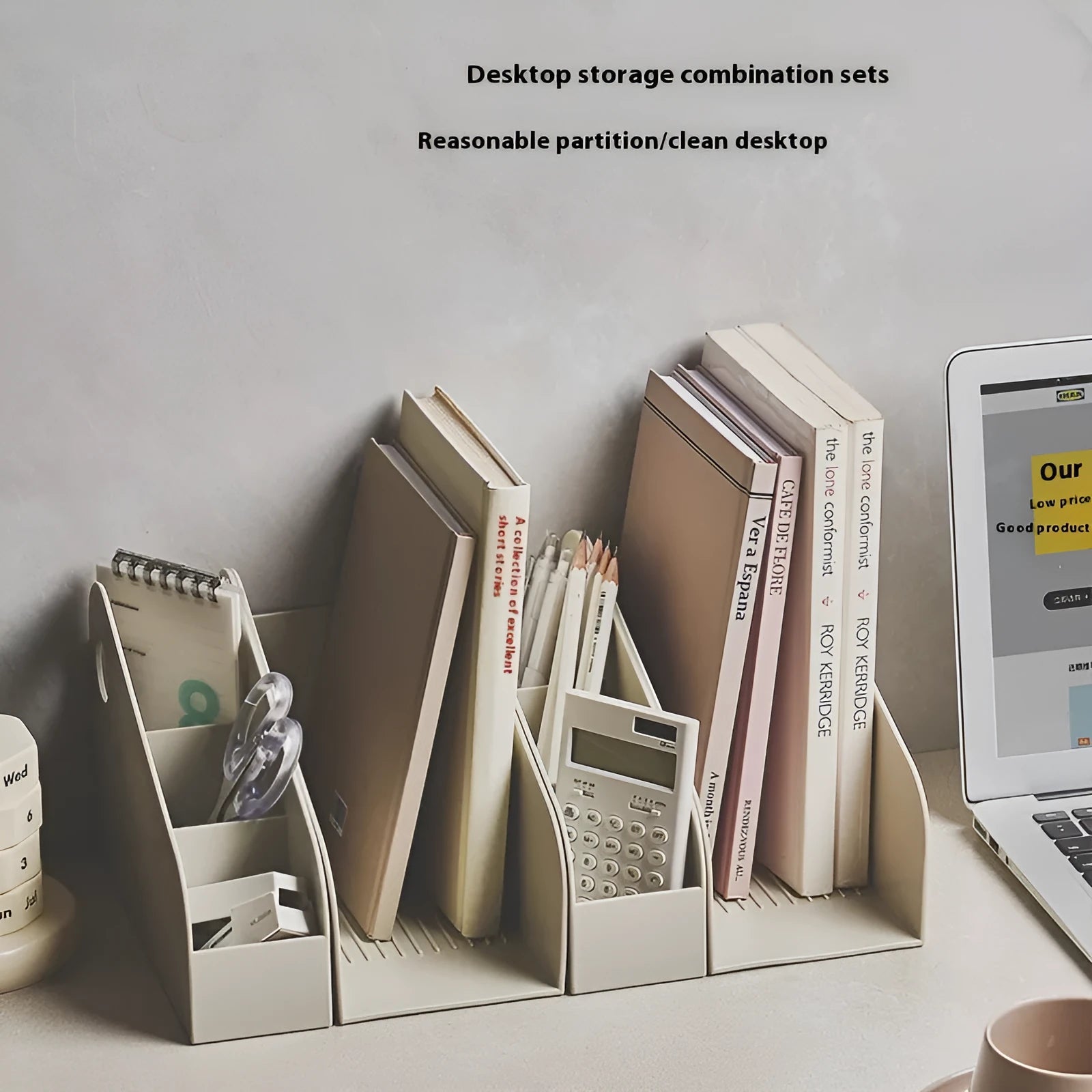 Plastic desktop stationery organiser with two-layer grid storage in milk coffee colour
