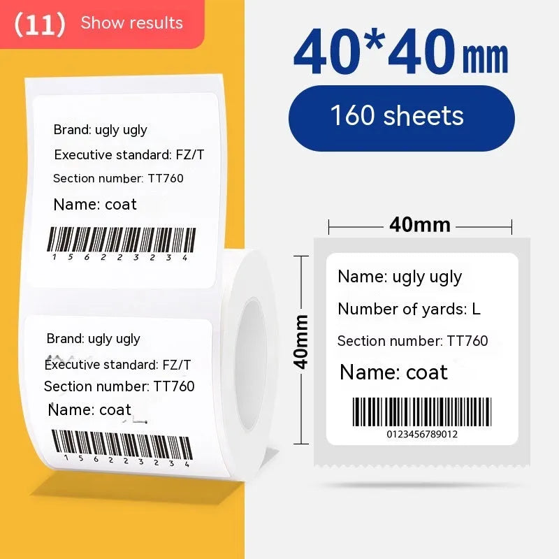 Roll of white thermosensitive paper labels for thermal printing, 40x40mm size