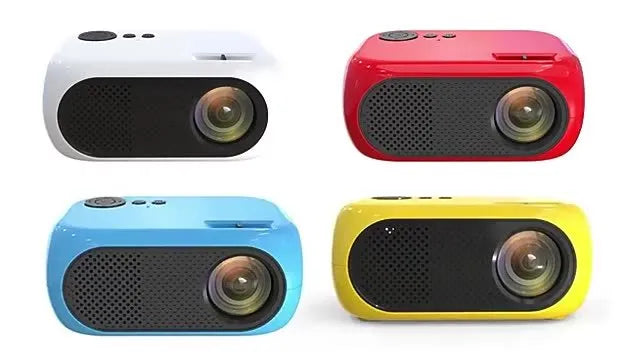 Compact gold or white M24 micro mini LED projector on a table with power adapter and AV cable.
