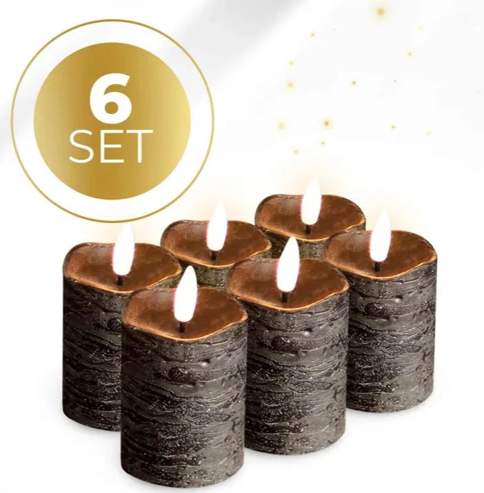 Black S6 LED flameless pillar candle showing 5cm diameter and 7cm height dimensions