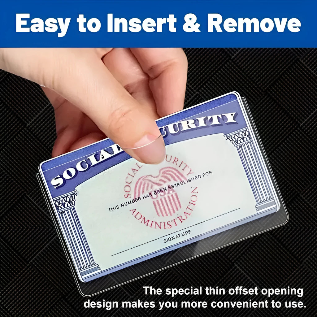 Transparent PVC social security card holder showing card inside, dimensions 9.7 by 5.9 centimetres