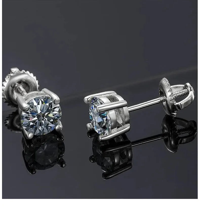 Geometric silver screw fastening moissanite stud earrings with four claw setting
