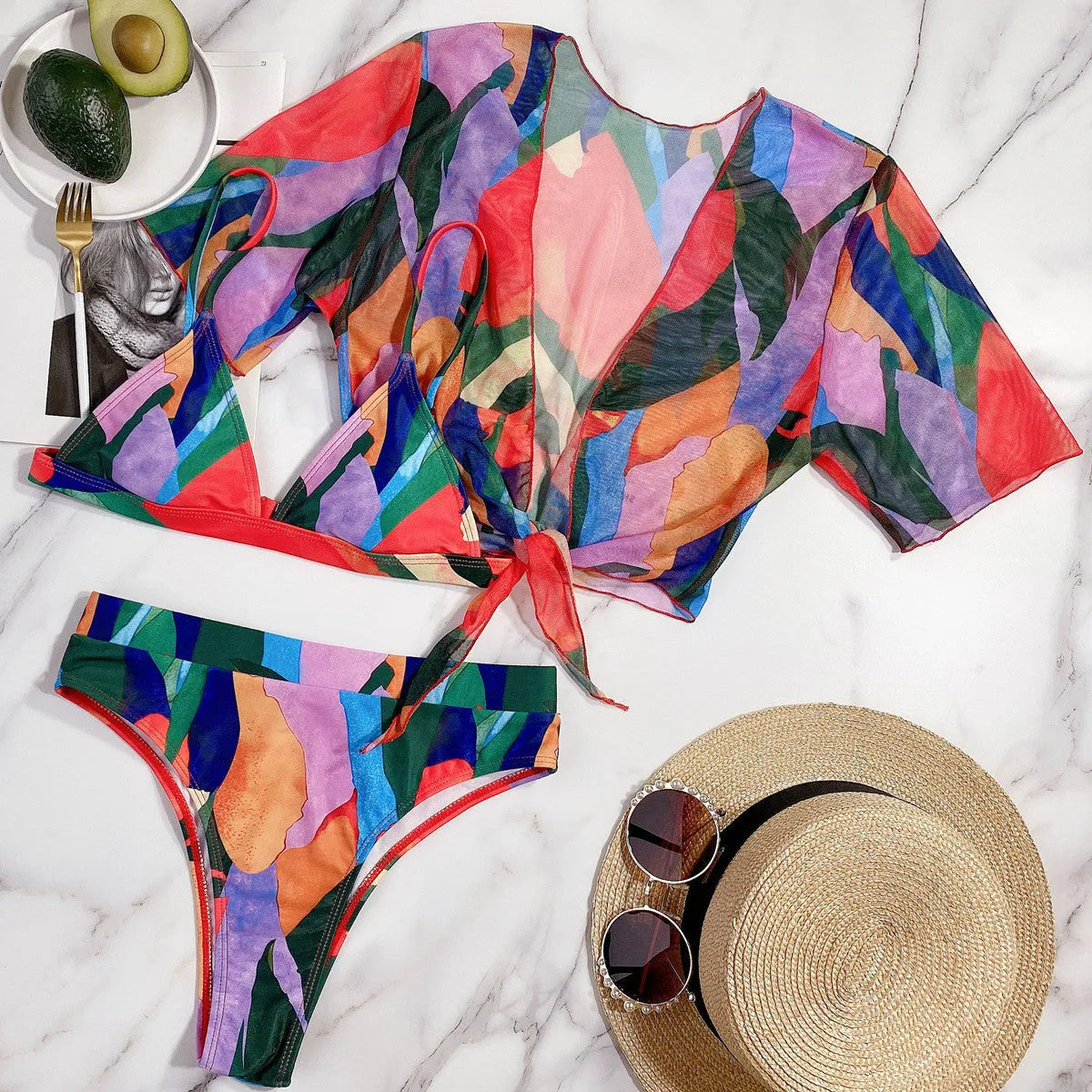Red women's split swimsuit with printed pattern in nylon fabric for swimming sports