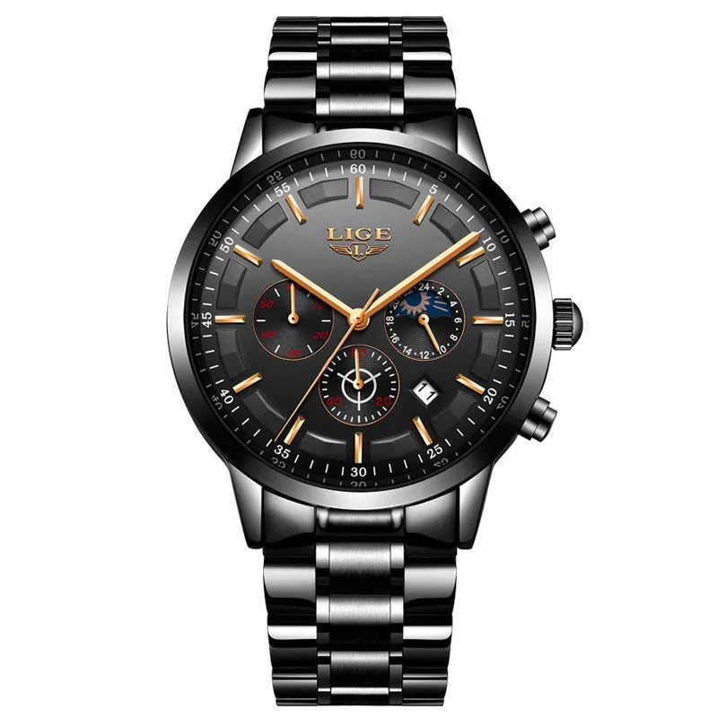 Men's black and rose red gold waterproof sports watch with quartz movement on wrist.
