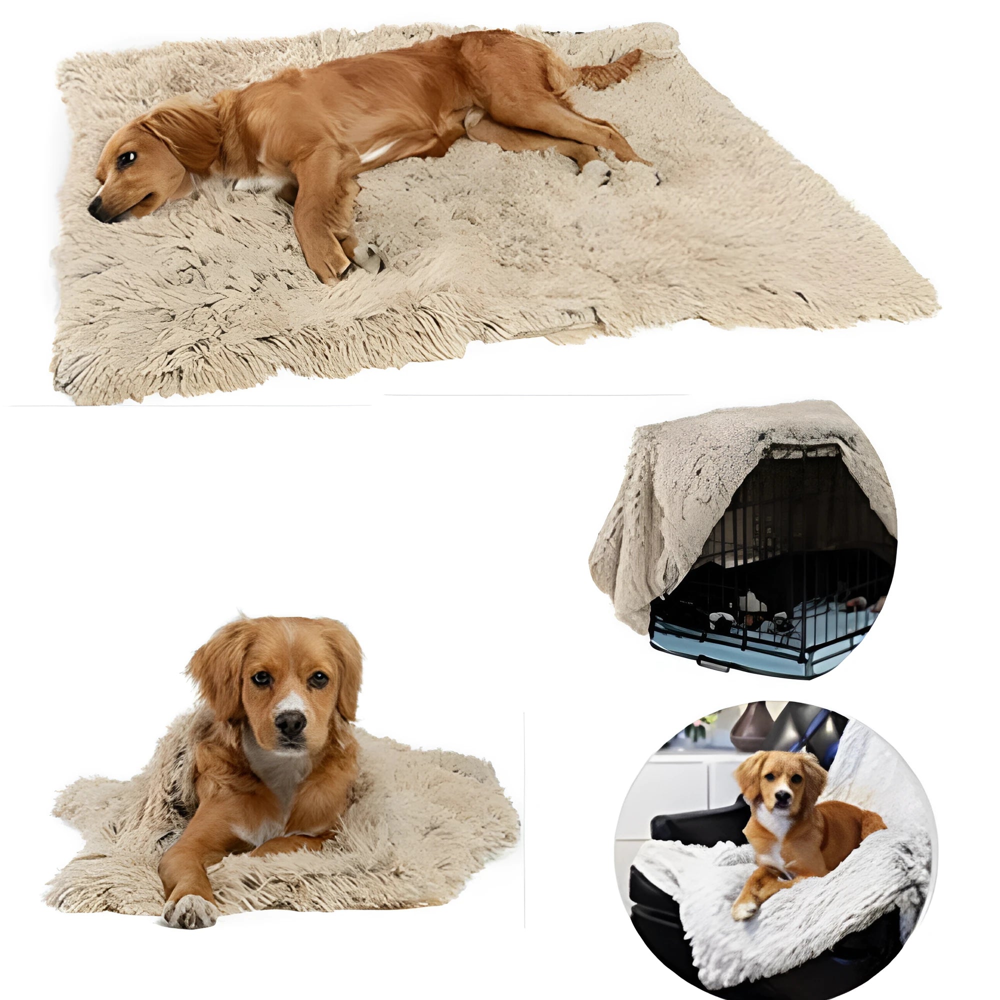Long plush pet blanket in wool polyester blend showing dark grey, light grey and white colour options with size comparison