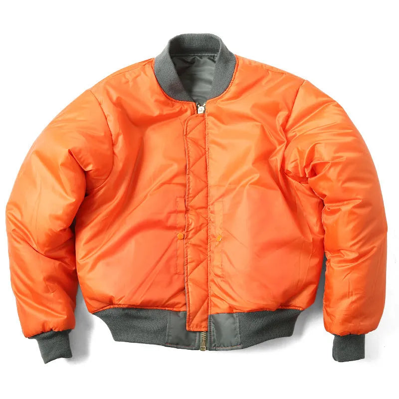 Men's army green loose fit cotton-padded bomber jacket with front zip and ribbed cuffs.