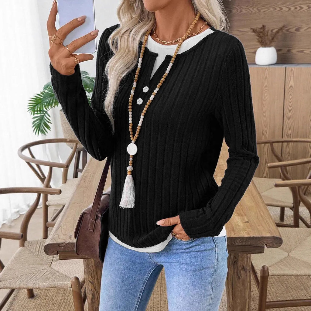 Women's fake two-piece round neck button pullover sweater in concave stripe polyester