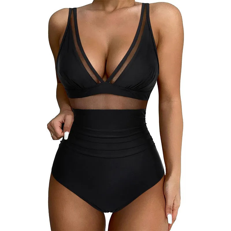 Black mesh halter bikini one-piece swimsuit for women with sleeveless design