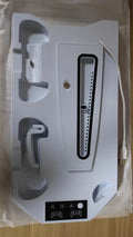 White PS5 charging dock and cooling base station with controllers and headset on display