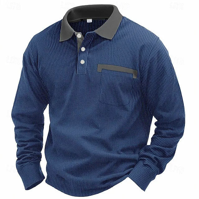 Man modelling a loose-fit long-sleeved waffle-knit polo shirt in a solid colour with an asymmetrical style detail.