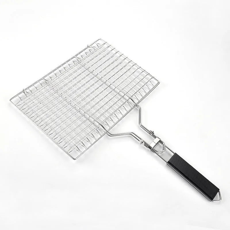 Square stainless steel folding barbecue mesh basket with cleaning brush for grill cooking