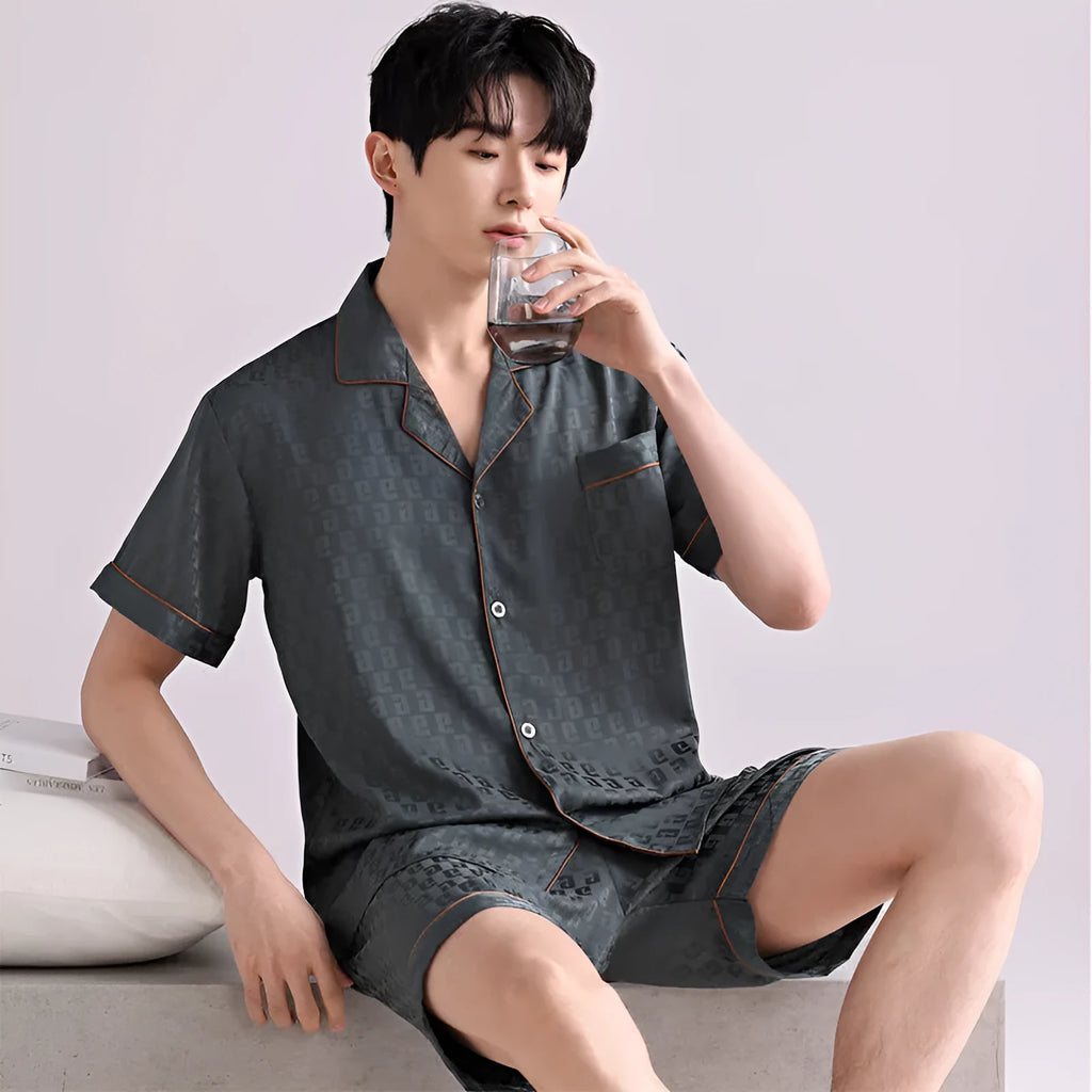 Men's ice silk pajama set in a blue houndstooth pattern, showing cardigan top and shorts.
