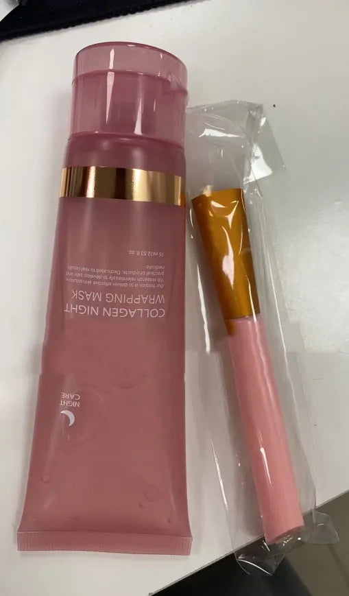75ml bottle of collagen night face mask with application brush for skin firming and hydration.