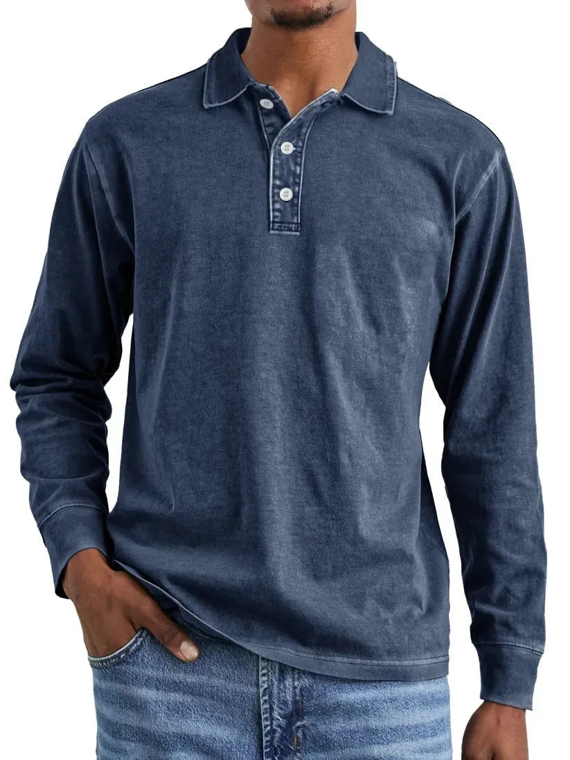 Retro washed pure cotton polo shirt with a distressed lapel and long sleeves on a hanger.