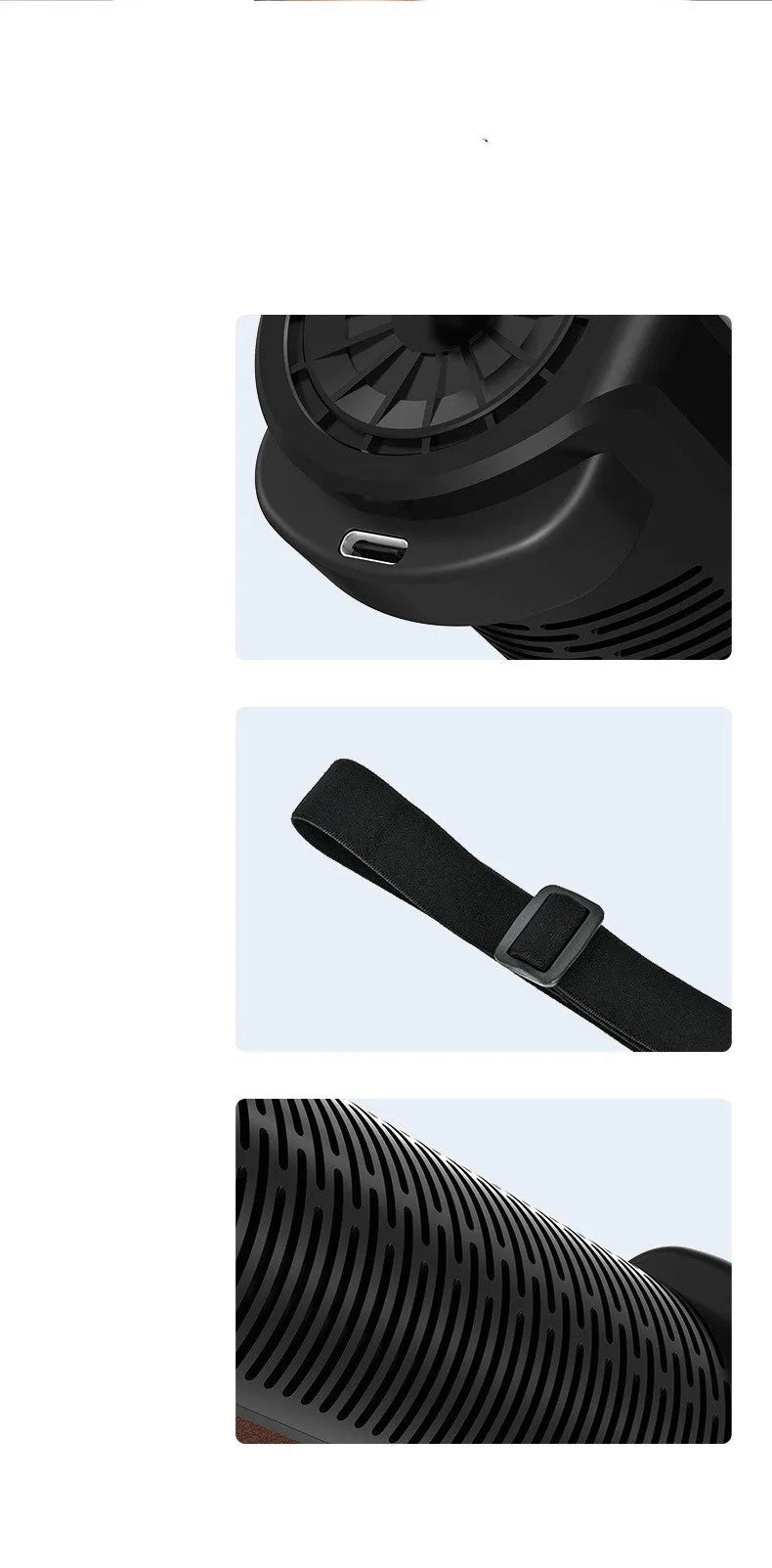 Black bladeless car fan with USB cable showing compact design for dashboard mounting