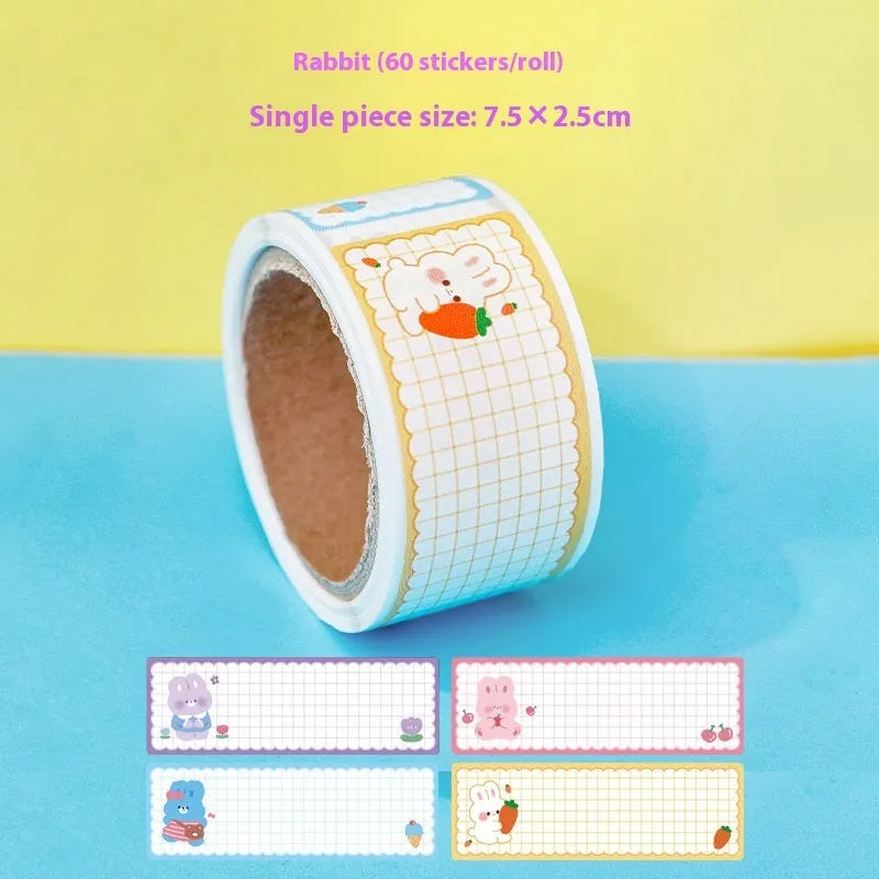 Roll of colourful cartoon name tape stickers for student organisation in dinosaur, astronaut, rabbit, or girl designs