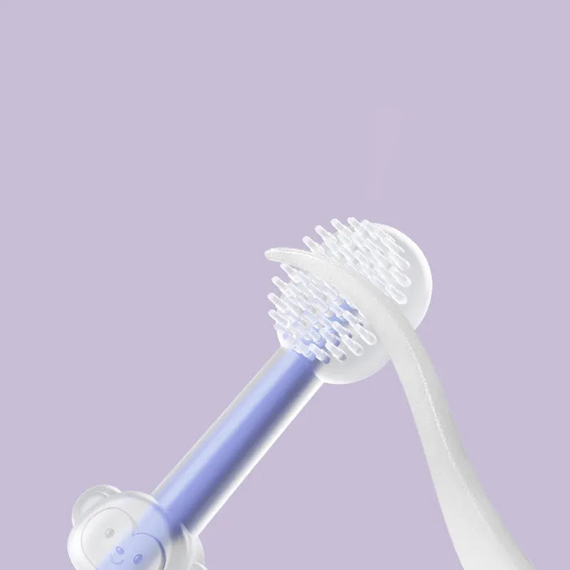 Soft silicone pet toothbrush for dogs and cats in purple, shown with flexible gel bristles for teeth cleaning.