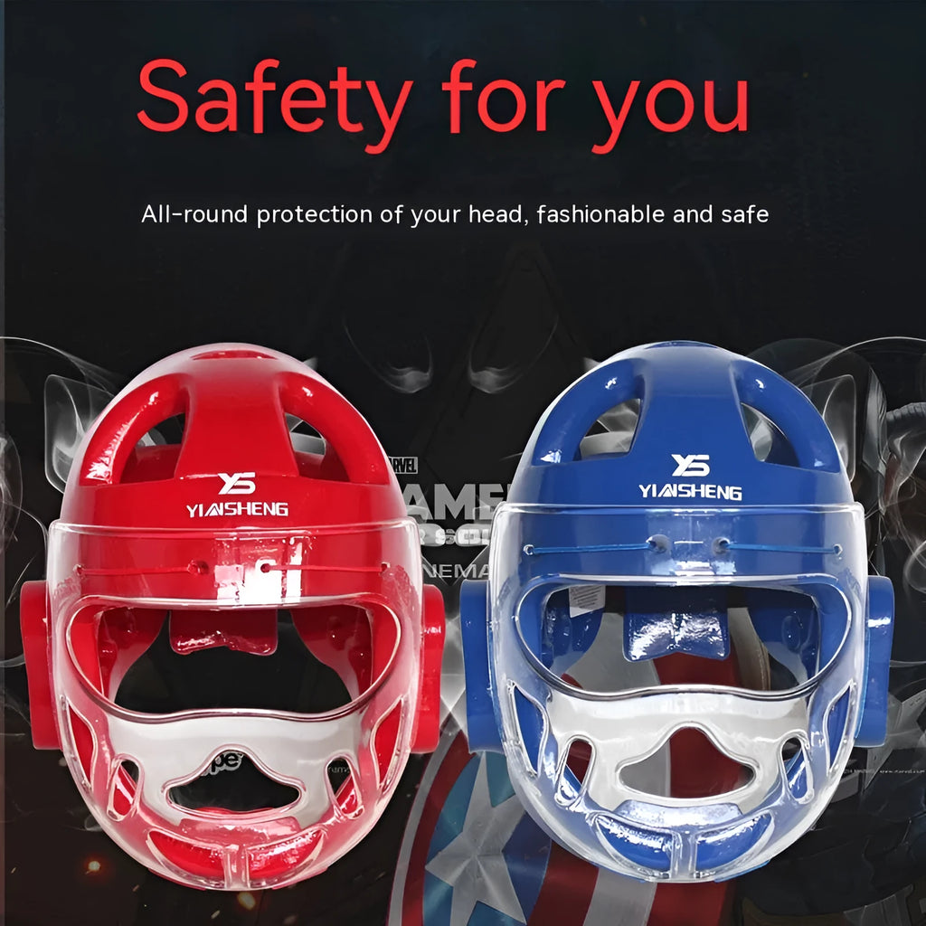 Karate helmet for boxing head protection in white, blue or red colour with size options from S to XL