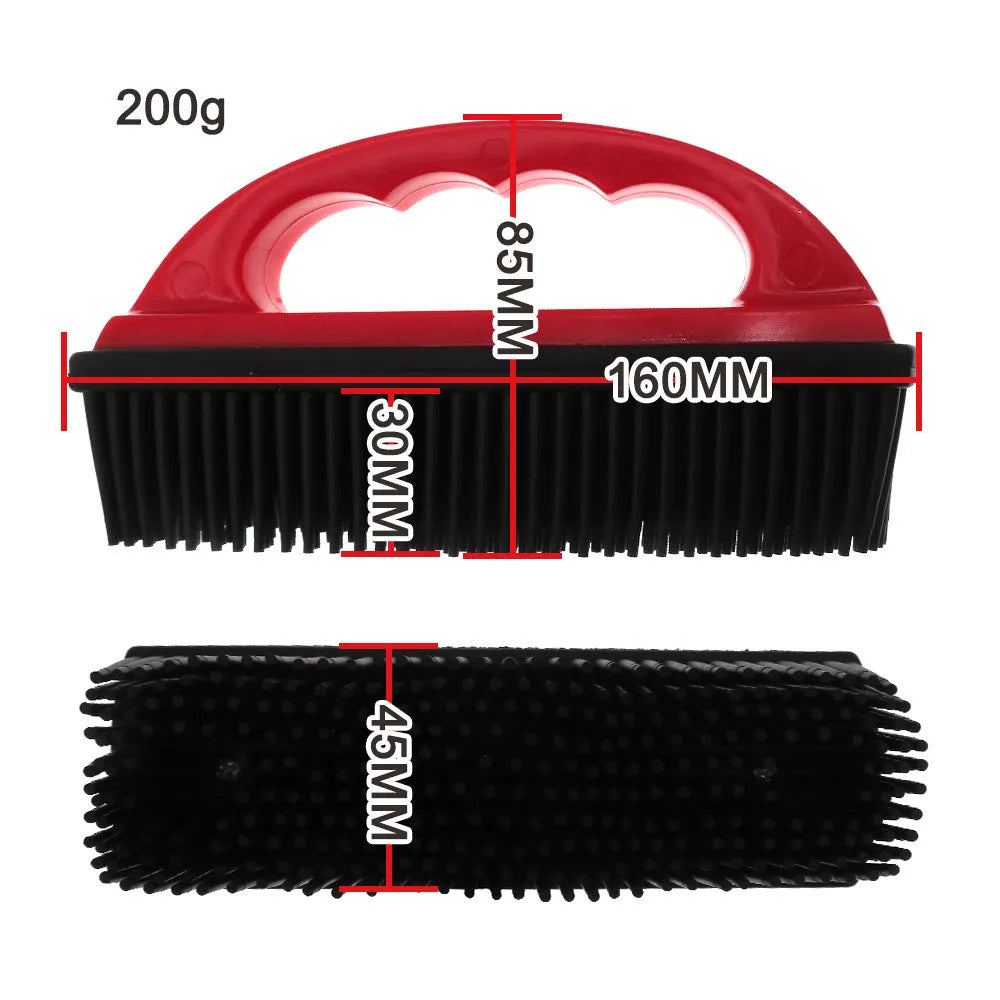Red silicone pet hair removal brush with massage bristles for grooming and carpet cleaning