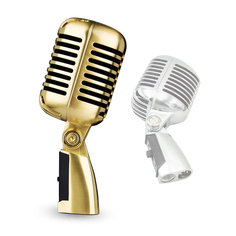 Classic retro dynamic microphone in all-metal gold, silver, or rose gold finish for stage performance.