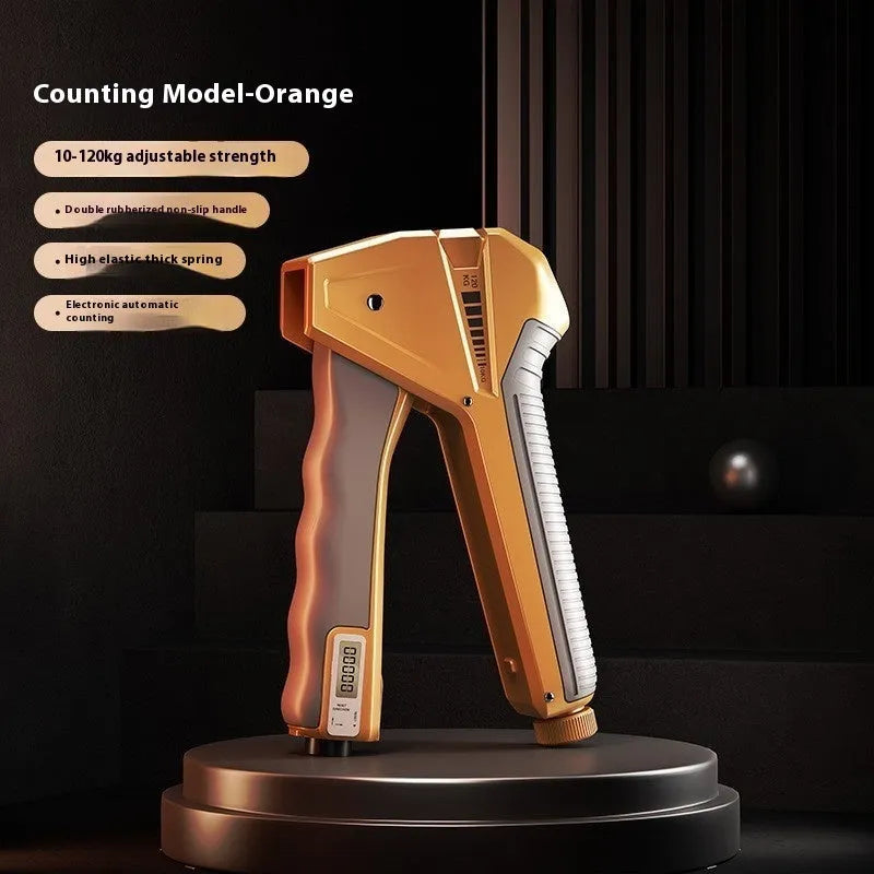 Adjustable hand grip strengthener fitness equipment in black, showing mechanical tension adjustment.