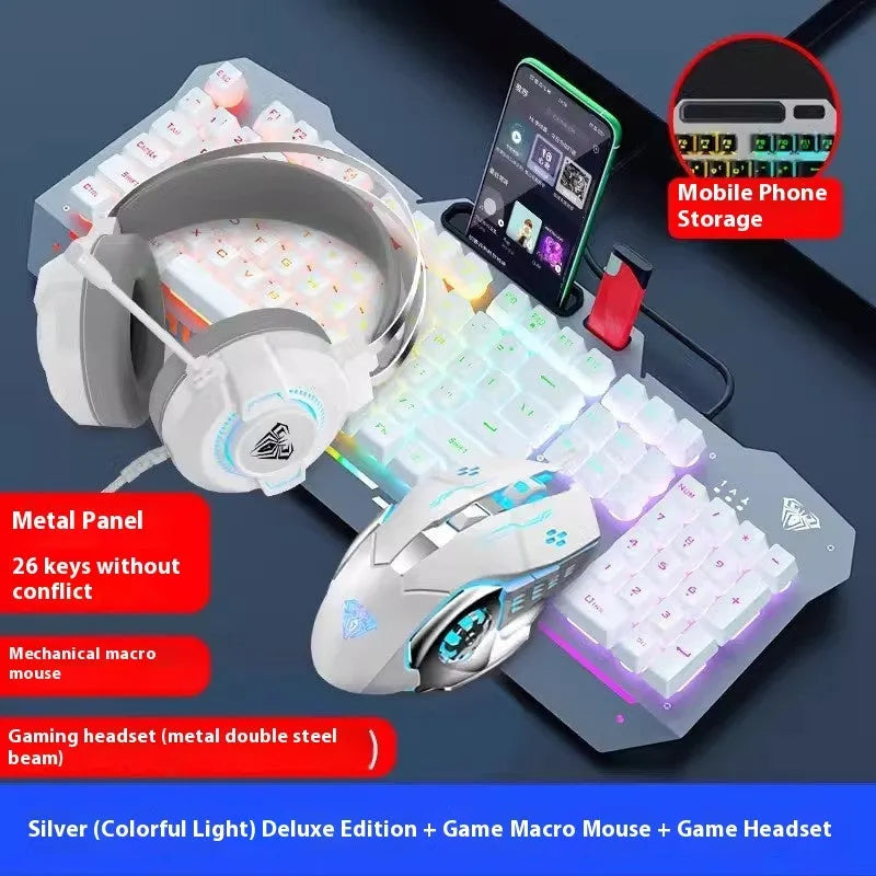 Metal mechanical keyboard bundle with gaming mouse, headset, and optional mouse pad on a desk.
