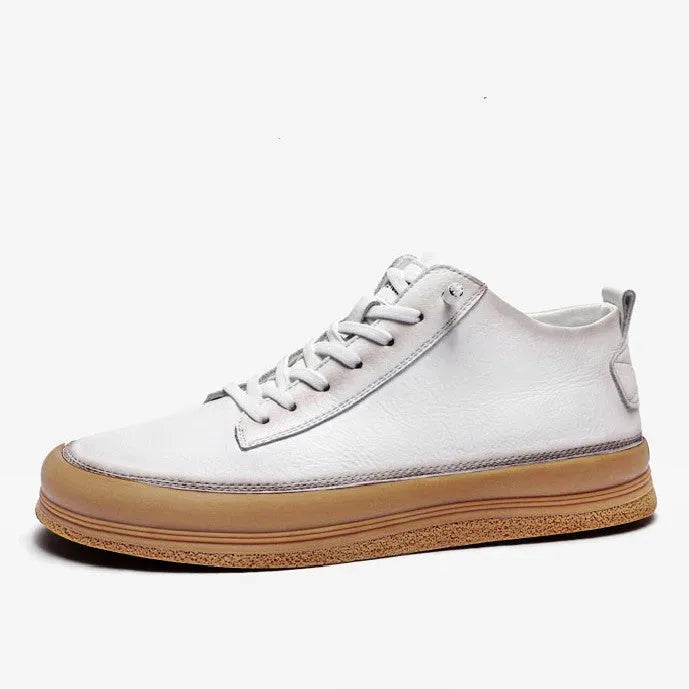 Men's black leather casual shoes with white stitching and lace closure on a white rubber sole