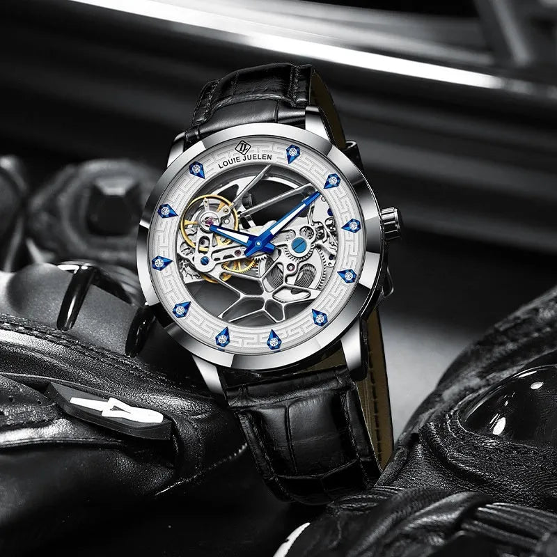 Men's silver case mechanical watch with black genuine leather strap and business styling