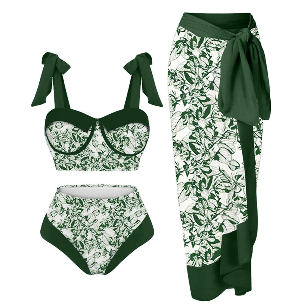 Women's printing split swimsuit three-piece in polyester fabric with high elasticity