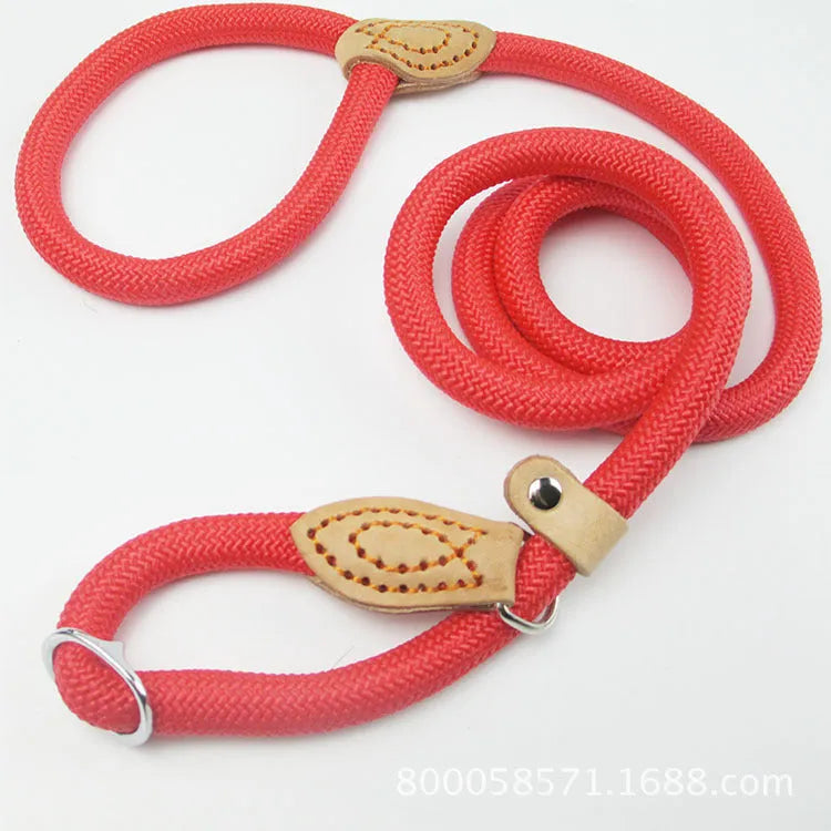 Brown nylon P-chain dog leash with hand-holding rope, 2.1 metres long