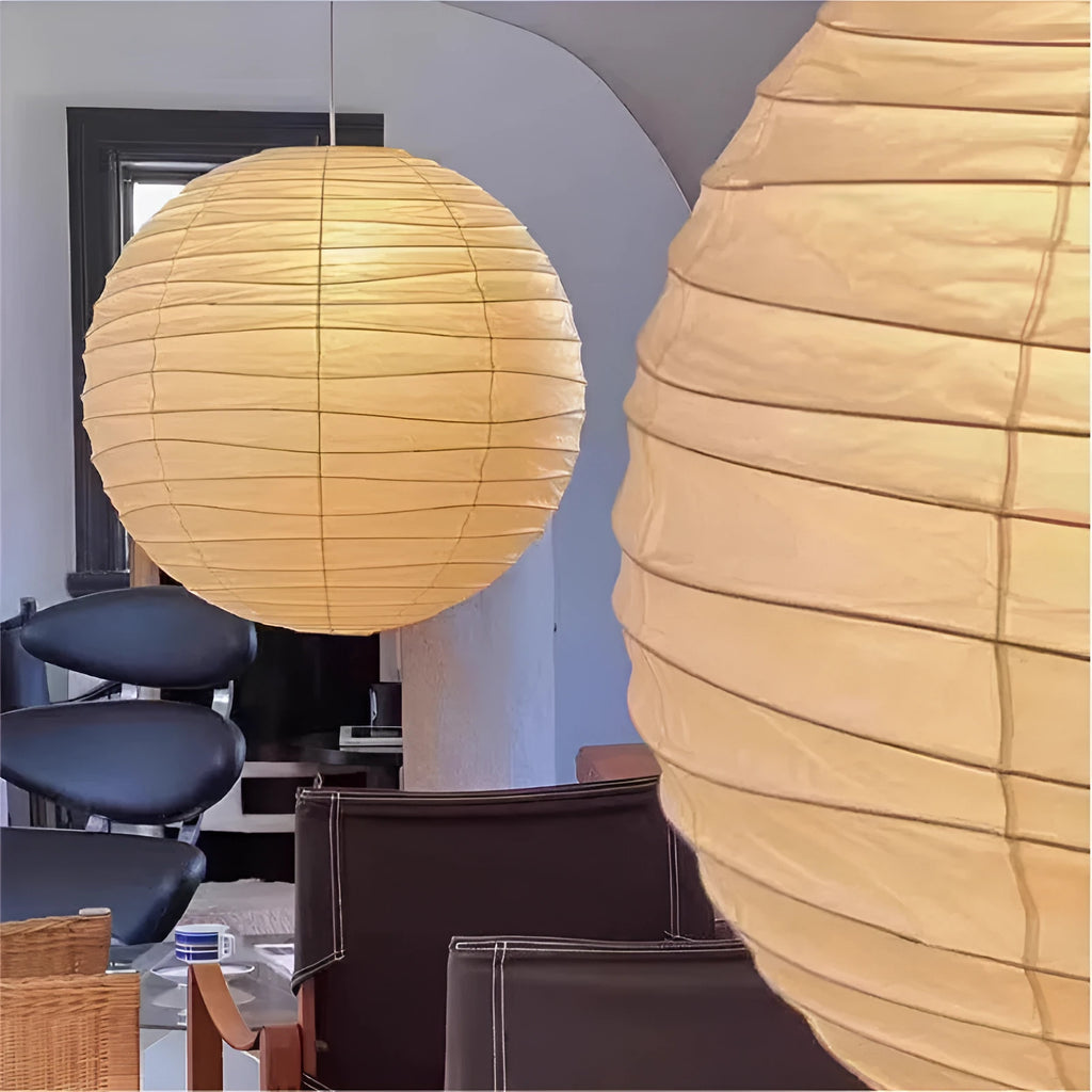 Japanese-style rice paper chandelier lamp in 30cm, 45cm, or 55cm diameter with three-colour adjustable light.