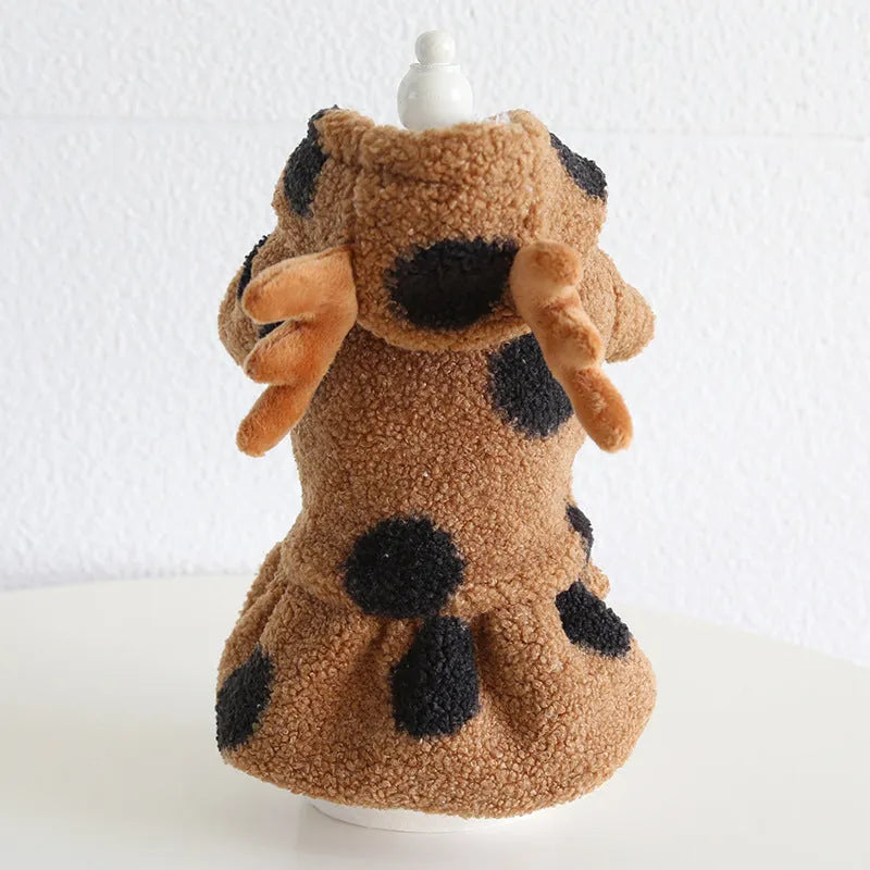 Polka dot elk couple pet costume in four leg and skirt styles for dogs and cats