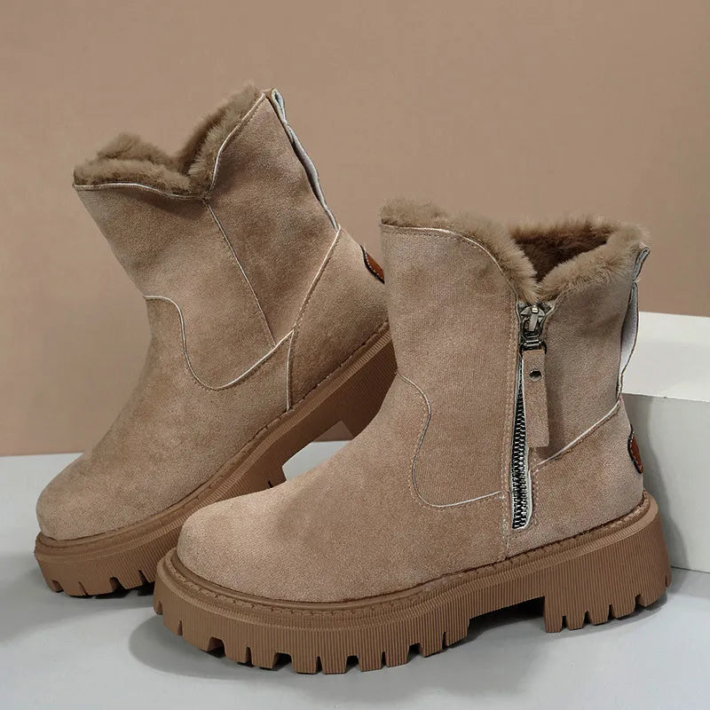 Women's black thick plush snow boot with side zip and faux fur lining