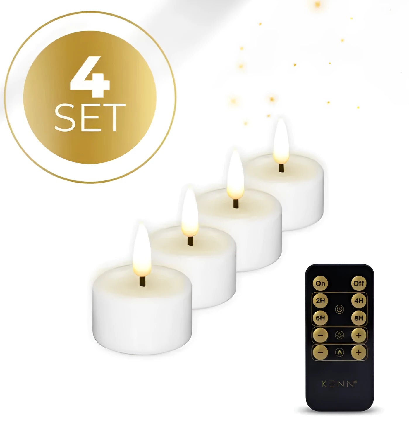 Set of four white LED tealight candles showing flickering flame effect