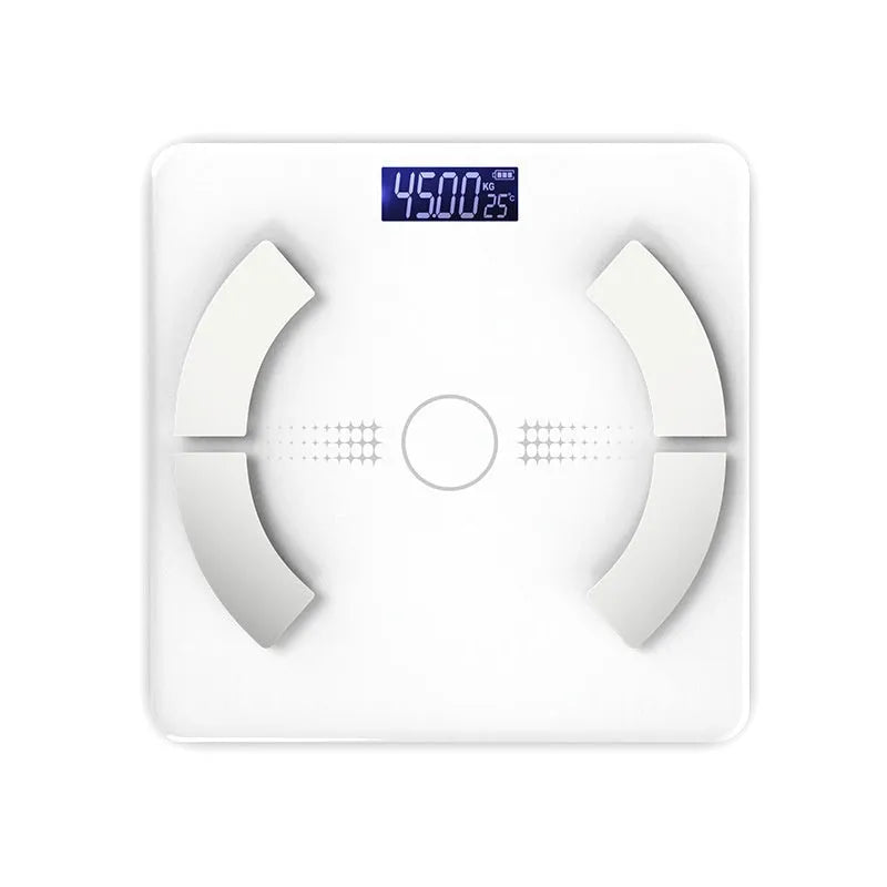 Smart Bluetooth rechargeable body fat scale in white, black, or pink measuring weight, fat, calories, and moisture