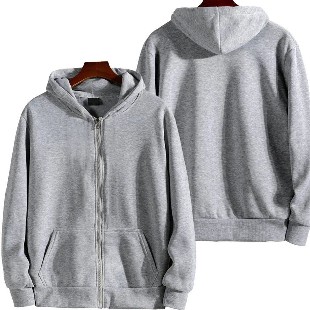 Men's loose fit solid colour zip-up sports jacket on a hanger, shown in a neutral colour.