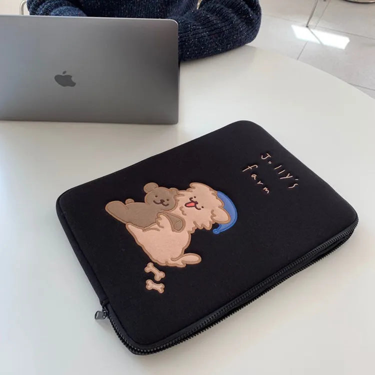 Embroidered animal design laptop sleeve in polyester with puppy pattern for 13-15 inch laptops