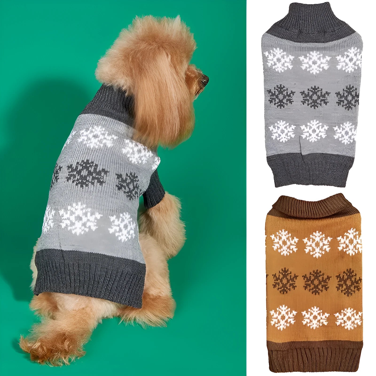 Grey and dark brown acrylic knit Christmas sweater for a dog on a festive background.