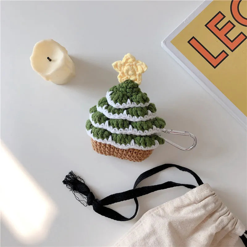Green knitted Christmas tree Bluetooth headset case for AirPods with hook
