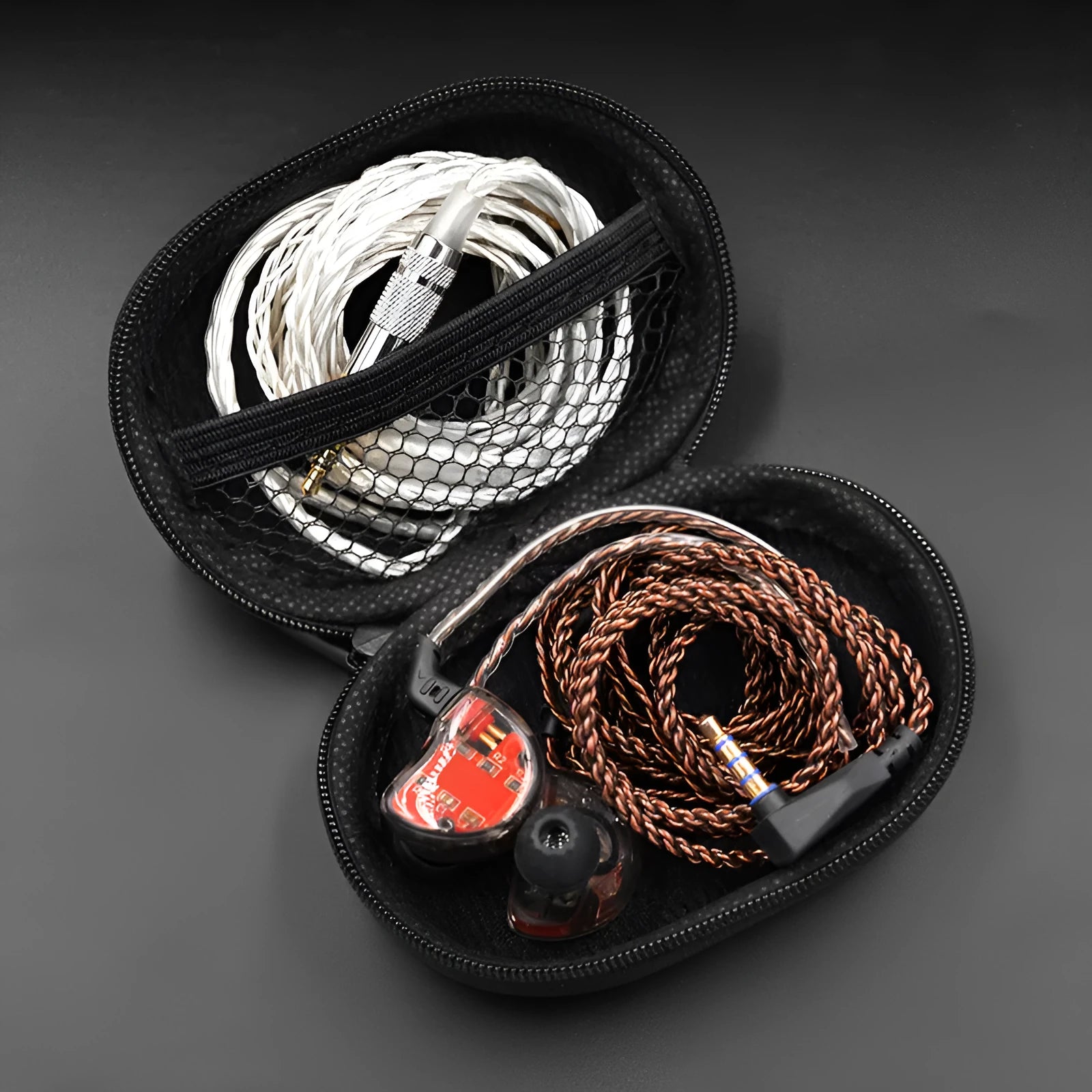 Black oval leather earphone storage bag with compartments for EDX PRO and ZEX PRO models