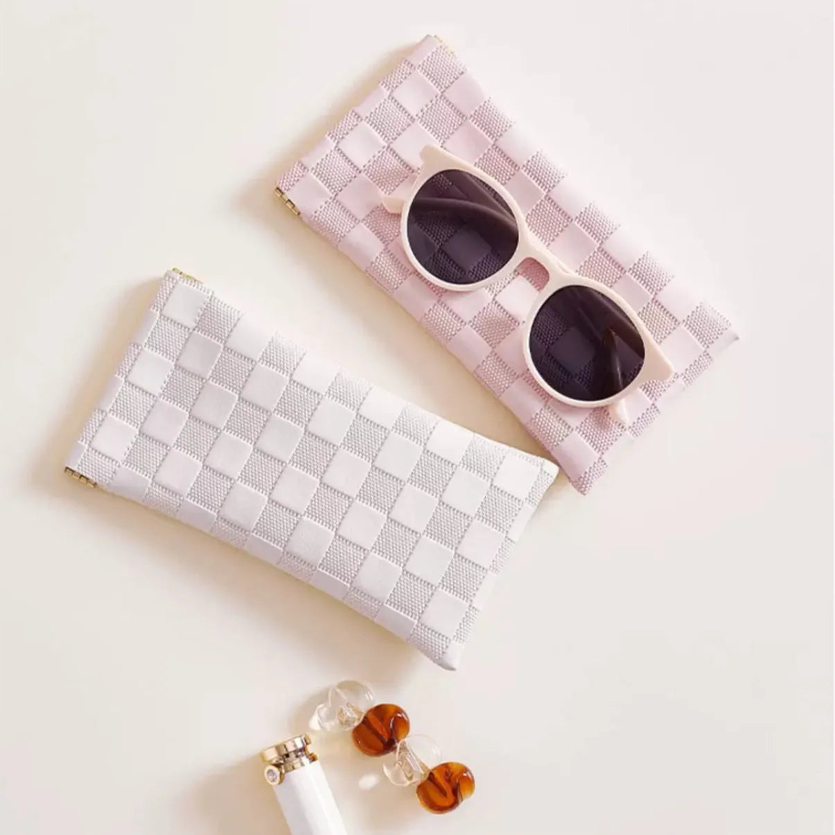 Leather glasses case with automatic snap closure in a colour option, lying flat