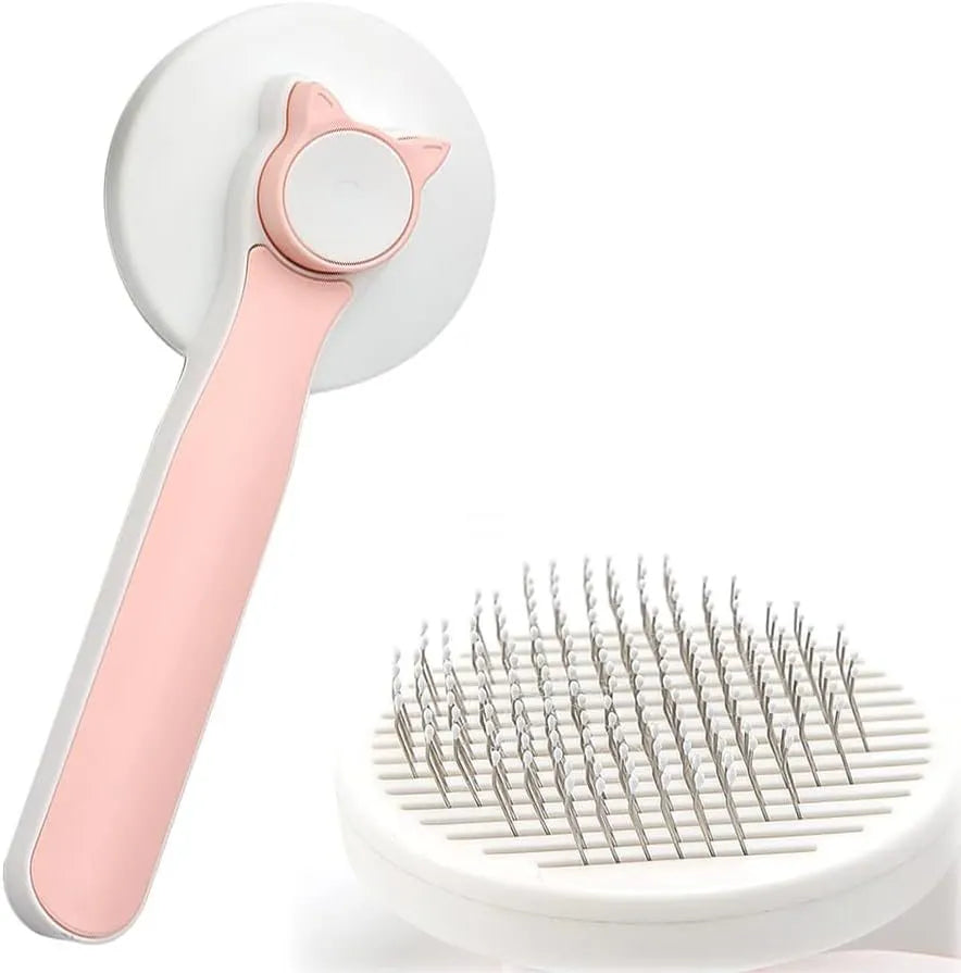 Blue self-cleaning cat and dog brush with rubber-tipped pins and a non-slip handle on a white background.