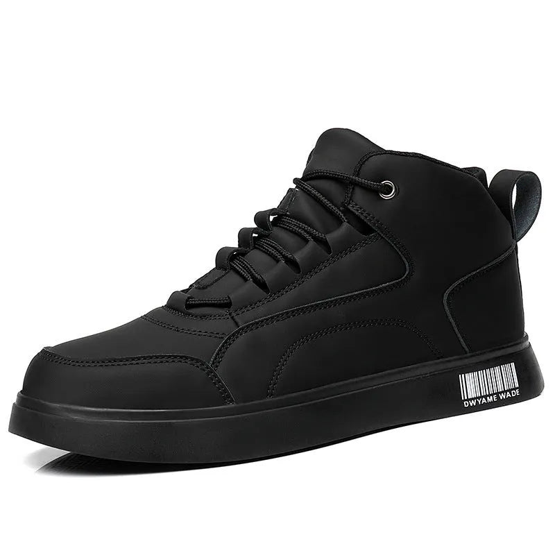 Men's white mid-top lace-up casual shoes with a round toe and rubber sole on a neutral background.